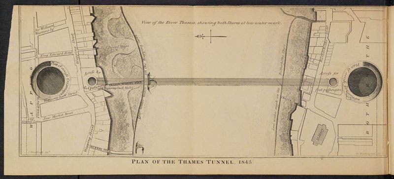 Aerial view of the completed tunnel of 1843, with the projected locations for the caissons for the carriage ramps at either end, engraving in An Explanation of the Works of the Thames Tunnel now completed from Rotherhithe to Wapping, 18th ed., by the Thames Tunnel Co., 1856 (Linda Hall Library)