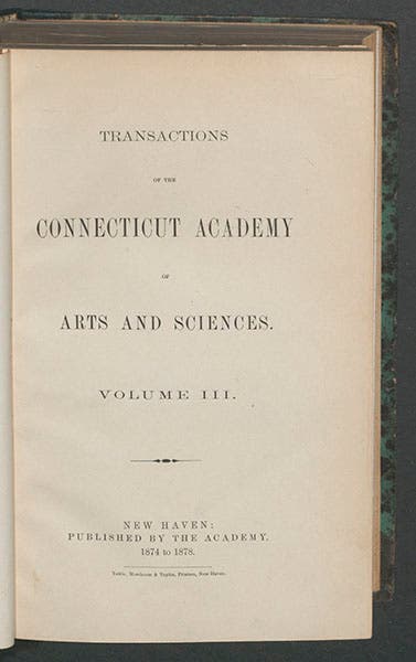 Title page of <i>Transactions of the Connecticut Academy of Arts and Sciences</i>, volume 3, 1874-78, which contains papers by Josiah Willard Gibbs (Linda Hall Library)