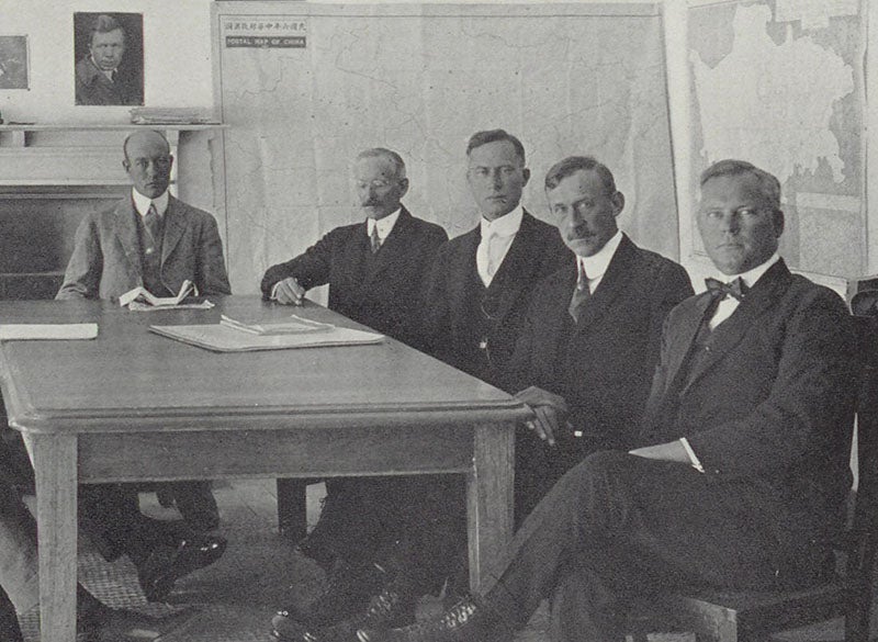 Detail of a group portrait in Peking, 1922; Roy Chapman Andrews is at the head of the table, Walter Granger is second from right; in The New Conquest of Central Asia, by Roy Chapman Andrews et al., 1932 (Linda Hall Library)