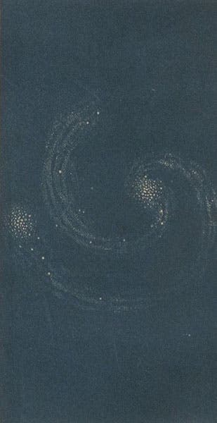 The Whirlpool Nebula (M51), according to Lord Rosse, colored relief print, Denison Olmsted, The Mechanism of the Heavens, 1850 (Linda Hall Library)