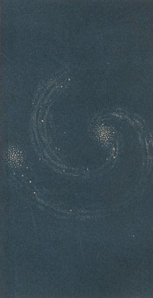 The Whirlpool Nebula (M51), according to Lord Rosse, colored relief print, Denison Olmsted, The Mechanism of the Heavens, 1850 (Linda Hall Library)