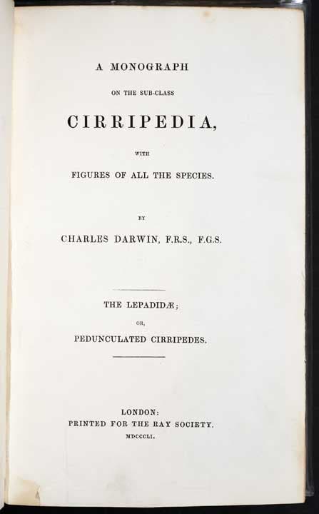 Title page, A Monograph of the Sub-Class Cirripedia, by Charles Darwin, vol. 1, 1851 (Linda Hall Library)
