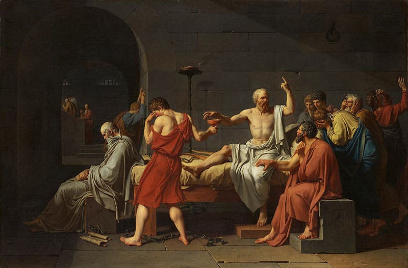 The Death of Socrates, oil on canvas, by Jacques-Louis David, 1787, Metropolitan Museum of Art, New York (Wikimedia commons)