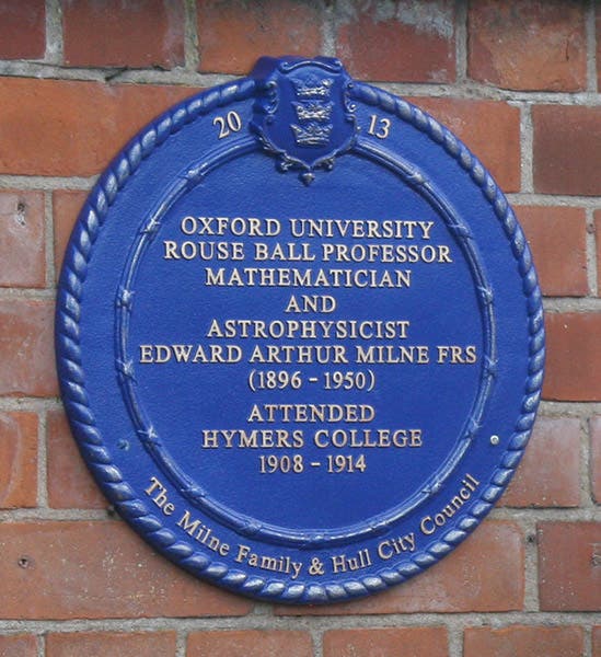 Blue plaque honoring E. A. Milne, Hymers College, Hull (openplaques.org)