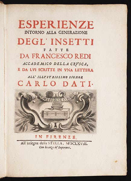 Title page of Francesco Redi's Esperienze intorno alla generazione degl'insetti, 1668 (Linda Hall Library)