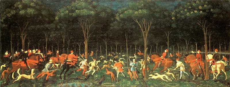 The Hunt in the Forest, tempera and oil on wood, by Paolo Uccello, ca 1470, Ashmolean Museum, Oxford (wga.hu)