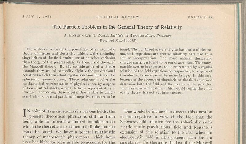 Detail of first page of article by Albert Einstein and Nathan Rosen, Physical Review, vol. 48d, 1935; note the mention of a “bridge” in the abstract (Linda Hall Library)