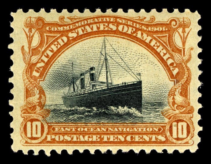 Fast Ocean Navigation, 10¢ Pan-American Exposition commemorative stamp, issued May 1, 1901, National Postal Museum (postalmuseum.si.edu)