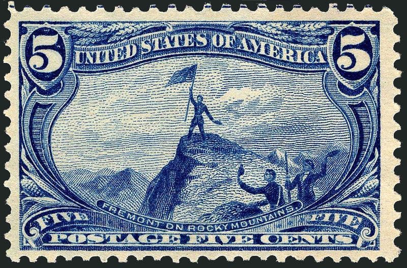 5-cent dark blue “Fremont on Rocky Mountains,” U.S postage stamp, Trans-Mississippi Exposition issue, 1898, designed by Raymond O. Smith (Wikimedia commons)