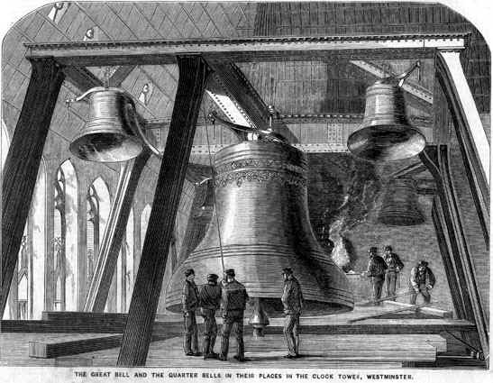Big Ben bell and the quarter bells, clock tower (now Elizabeth Tower), wood engraving, Illustrated News of the World, Dec. 4, 1858 (Wikimedia commons)