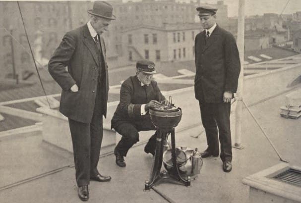 Elmer Sperry, at left, overseeing the installation of a gyro compass on the Princess Anne, 1911, photograph from Thomas P. Hughes, Elmer Sperry: Inventor and Engineer, 1971 (Linda Hall Library)