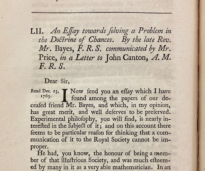 First page, paper by Thomas Bayes on inverse probability, communicated by John Canton, Philosophical Transactions of the Royal Society of London, vol. 53, 1763 (Linda Hall Library)