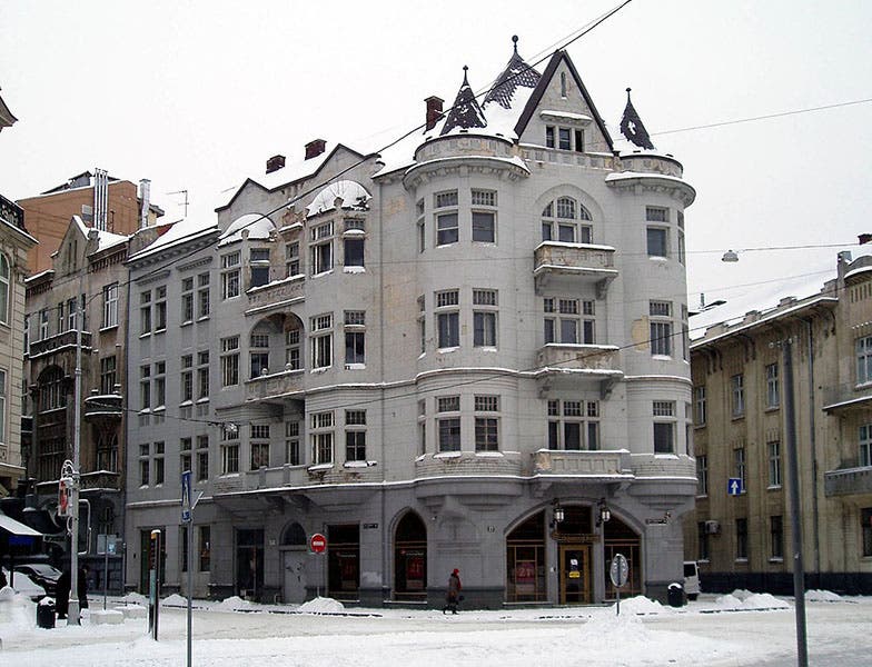 Building in Lwów, Poland (now Lviv, Ukraine) that housed the Scottish Café, where the Lwów School of Mathematics met informally and kept the Scottish Book; the café is still there, but it is now part of a hotel (Wikimedia commons).