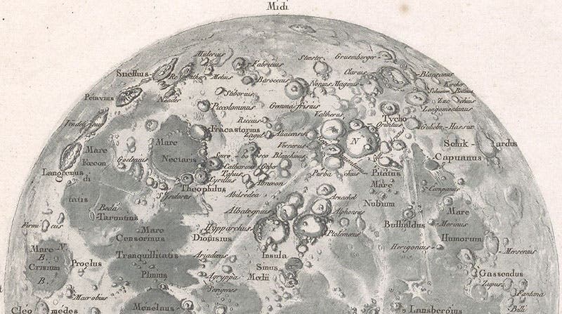 Southern hemisphere of the Moon (south is up), detail of Réduction de la grande carte de la lune de J. Dom. Cassini, broadside engraving, by Jean-Dominique, comte de Cassini, 1788 (Linda Hall Library)