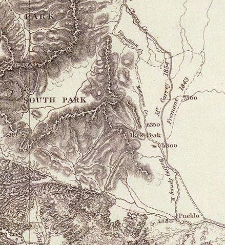 The Colorado Rockies and Pike’s Peak, detail of G.K. Warren, <i>Map of the Territory of the United States</i>, 1861 (David Rumsey Map Collection)