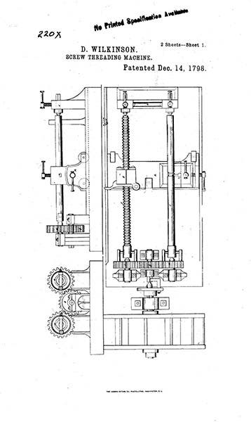 Automated screw-cutting lathe, patent diagram by David Wilkinson, 1798 (patents.google.com)
