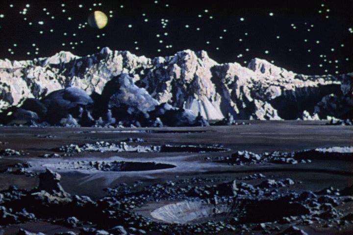 Matte painting of a lunar landscape, by Chesley Bonestell, for Destination Moon, 1950 (scifist.wordpress.com