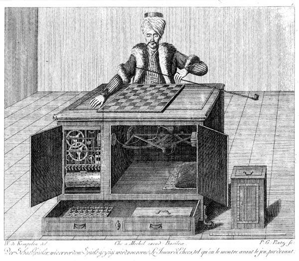 “The Turk,” chess-playing automaton built by Wolfgang von Kempelen, acquired, modified, and taken on tour by Johann Nepomuk Maelzel, engraving, ca 1800 (Wikimedia commons)