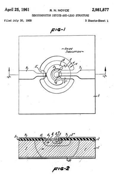 Diagrams from Robert Noyce’s 1961 patent showing the structure of a planar integrated circuit. (Google Patents)