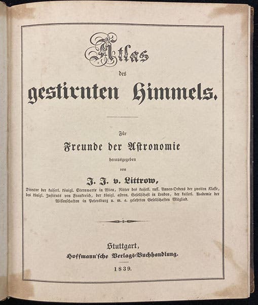 Title page, Atlas des gestirnten Himmels, by Joseph Johann Littrow, plate XXIII, 1839 (Linda Hall Library)