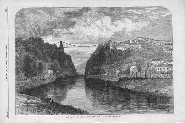 View of the Clifton Suspension Bridge over the River Avon, Bristol, wood engraving, Illustrated London News, Dec. 17, 1864, print for sale at Frontispiece Ltd (mapsandantiqueprints.com)