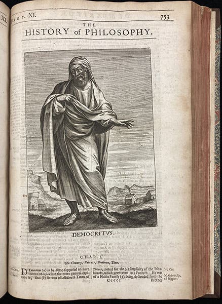 Portrait of Democritus, engraving, in The History of Philosophy, by Thomas Stanley, 1687 (Linda Hall Library)
