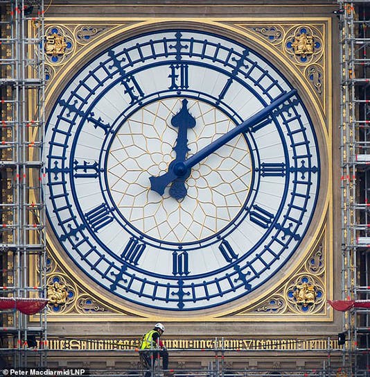 Clock face of the Palace of Westminster clock tower, designed by Augustus Pugin and recently restored to its original Prussian blue paint (dailymail.co)