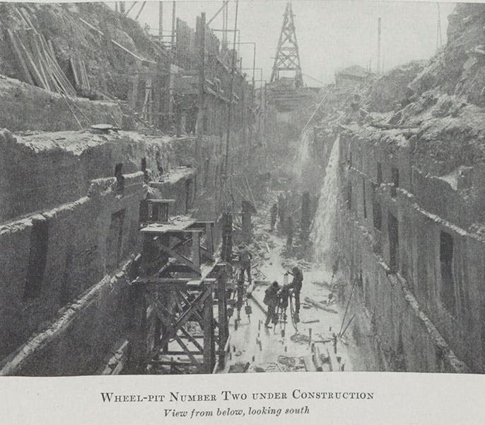 Wheel-pit to hold the underground turbines, under construction, ca 1894 photograph, in Edward Dean Adams, Niagara Power, vol. 2, 1927 (Linda Hall Library)