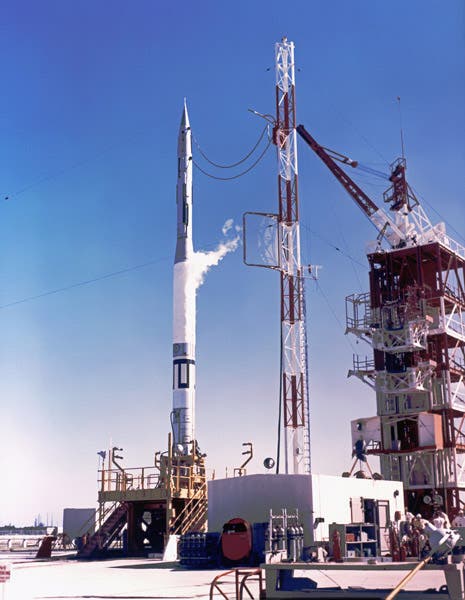 Vanguard TV-3 rocket with Vanguard 1A satellite in place, on or just before Dec. 6, 1957 (Wikimedia commons)