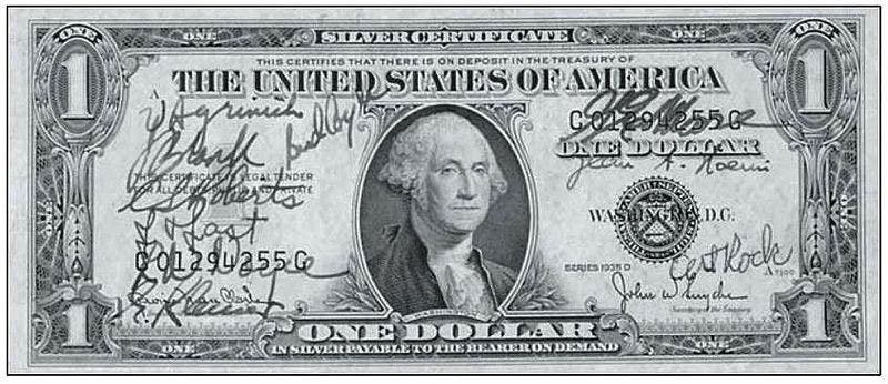 One of the dollar bills signed by the “traitorous eight” following their decision to leave Shockley Semiconductor and establish their own firm. (Computer History Museum)