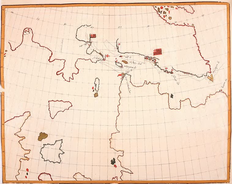 Facsimile of William Baffin’s hand-drawn map of Hudson strait, made on the 1615 voyage, and reproduced from The Voyages of William Baffin, 1612–1622, by Clements R. Markham, 1881; location of original is unknown (Wikimedia commons)