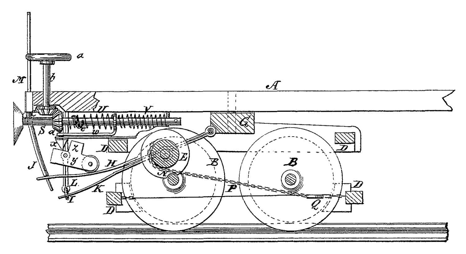 Diagram for an automatic brake patented by Luther Adams in 1873.