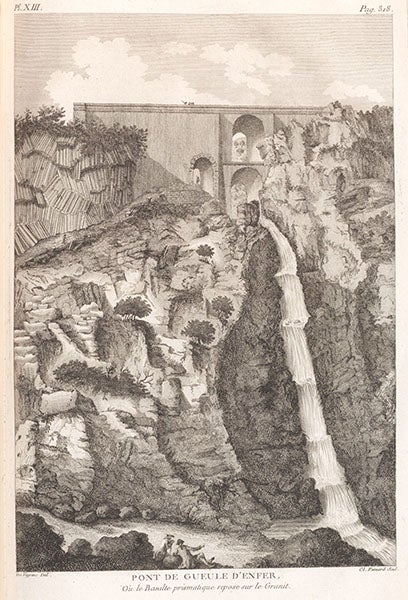 The bridge at Brueule d’Enfer, where basalt sits directly on granite baserock, engraving (margins cropped), Barthélemy Faujas-de-Saint-Fond, Recherches sur les volcans éteints du Vivarais et du Velay, 1778 (Linda Hall Library)