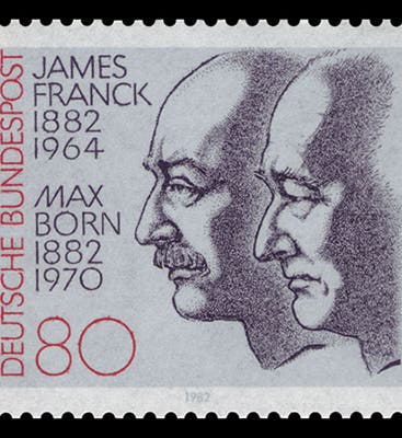 Postage stamp, issued in 1982 by the German Bundespost to honor the centennial of the births of James Franck and Max Born (Wikimedia commons)