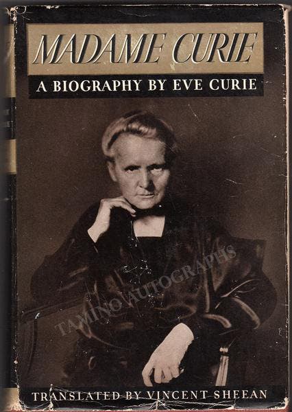Dust jacket of Madame Curie, by Eve Curie, English translation, 1937 (taminoautographs.com)