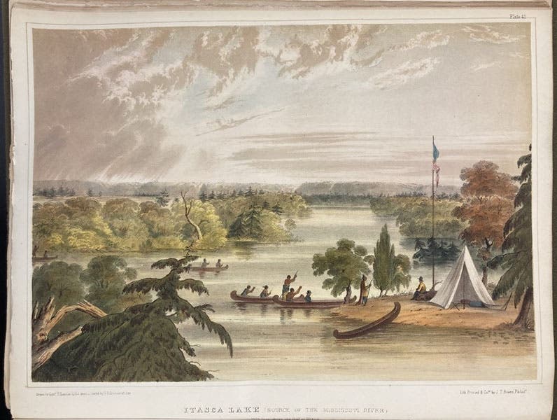 A view of Lake Itasca in northwestern Minnesota, source of the Mississippi River, discovered by Henry Schoolcraft, chromolithograph after Seth Eastman, in Indian Tribes of the United States, by Henry Schoolcraft, vol. 1, 1851 (Linda Hall Library)