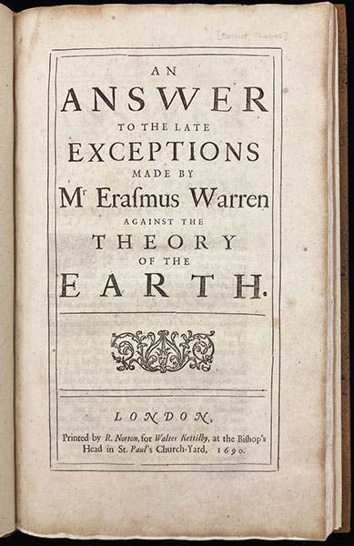 Title page, Thomas Burnet, An Answer to the Late Exceptions made by Mr Erasmus Warren against the Theory of the Earth, 1690 (Linda Hall Library)