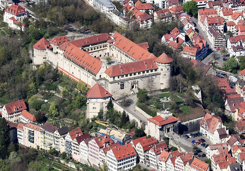 Aerial view of the Schloss Hohentübingen, where Friedrich Miescher discovered nuclein in 1869, modern photograph (Wikimedia commons)