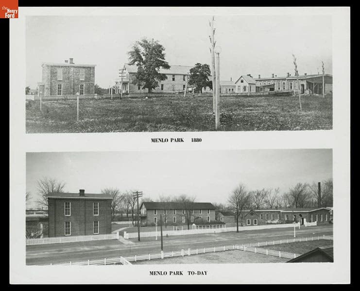 The original Menlo Park Lab, in 1880 (top), and the recreated Lab at Greenfield Village, Henry Ford Museum, photographs, Ford Museum Collections (thehenryford.org)
