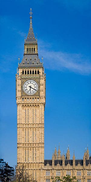 Clock tower at the Palace of Westminster, photograph, 2007 (Wikimedia commons)