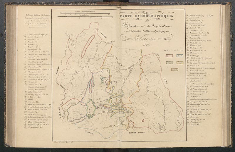 Hydrographic map of the Auvergne region, with volcanoes identified, and location of sections indicated, folding hand-colored lithograph, in Recherches sur les ossemens fossiles du Département du Puy-de-Dôme, by Jean-Baptiste Croizet and Antoine-Claude Gabriel Jobert, plate [0], 1828 (Linda Hall Library)