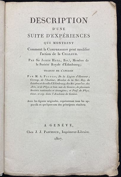 Title page, Description d’une suite d’expériences qui montrent comment la compression peut modifier l’action de la chaleur, by James Hall, tr. by Marc-Auguste Pictet, 1807 (Linda Hall Library)