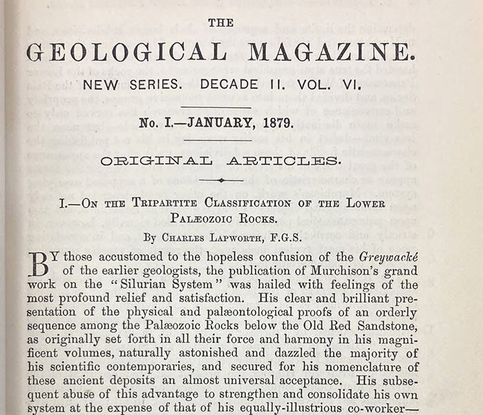 First paragraph of Charles Lapworth’s paper, “On the tripartite classification of the Lower Paleozoic rocks,” Geological Magazine, vol. 26, p. 1, 1879 (Linda Hall Library)