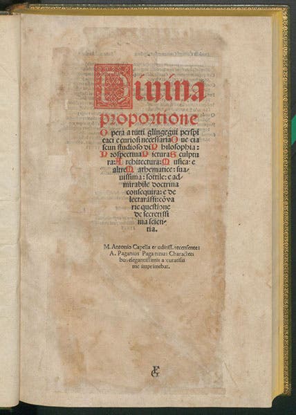 Title page (repaired), Divina proportione, by Luca Pacioli, 1509 (Linda Hall Library)
