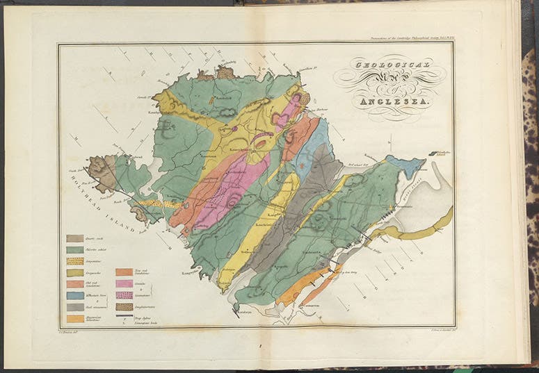 Geological map of Anglesea, hand-colored engraving of a map by John Stevens Henslow, included with his article, “Geological description of Angslesea,” Transactions of the Cambridge Philosophical Society, vol. 1, 1822 (Linda Hall Library)
