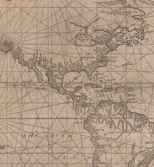 Detail of left sheet of Wright-Molyneux world map, using the Mercator projection, by Edward Wright, 1599, New York Public Library (digitalcollections.nypl.org)