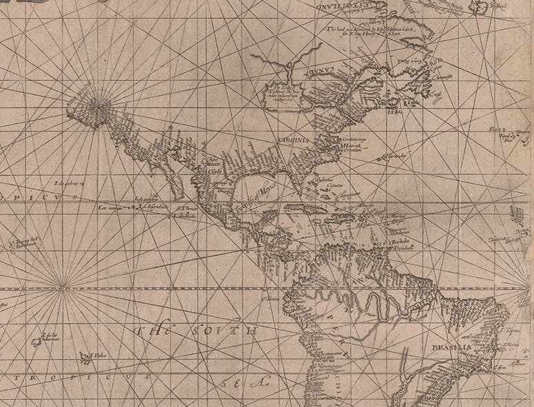 Detail of left sheet of Wright-Molyneux world map, using the Mercator projection, by Edward Wright, 1599, New York Public Library (digitalcollections.nypl.org)