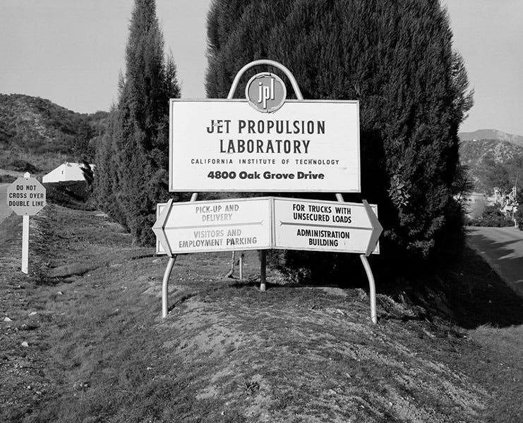 Entrance sign at Jet Propulsion Lab, Pasadena, December 1957, after the launch of Sputnik, and before JPL became part of NASA (jpl.nasa.gov)