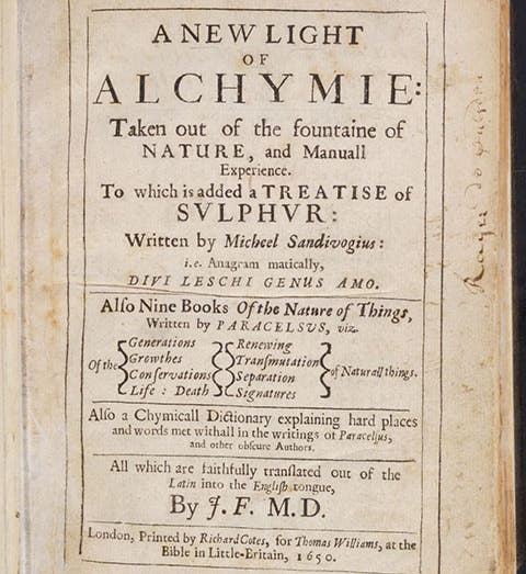 Title page, A New Light of Alchymie, by Michael Sendivogius, trans. by John French, 1650 (Linda Hall Library)