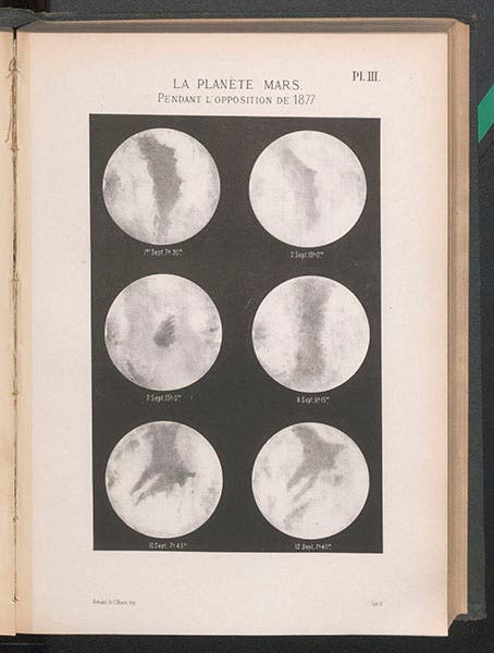 Six views of Mars, Sep. 1-12, 1778, heliograph of photographs by J.O. Lacaille, in Annales de L'Observatoire Impérial de Rio de Janeiro, vol. 12, 1882 (Linda Hall Library)